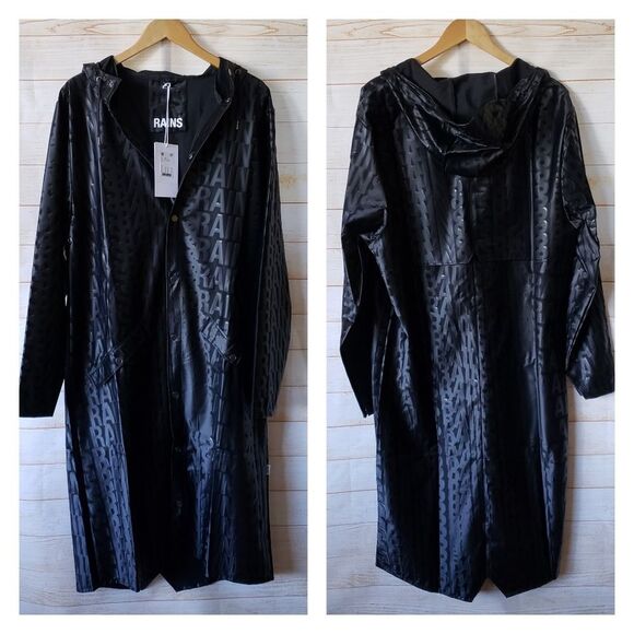 Rains Long Logo Print Raincoat Hooded Unisex Black Women's Men's Size Large - Picture 8 of 16